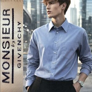 Monsieur by Givenchy Paris Mens Light Blue Dress Shirt Point Collar 15 32/33